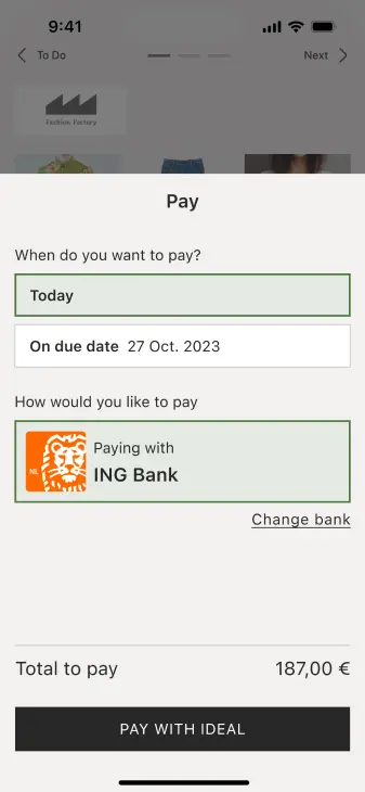 Smartphone screen showing payment options with ING Bank selected as the payment method.