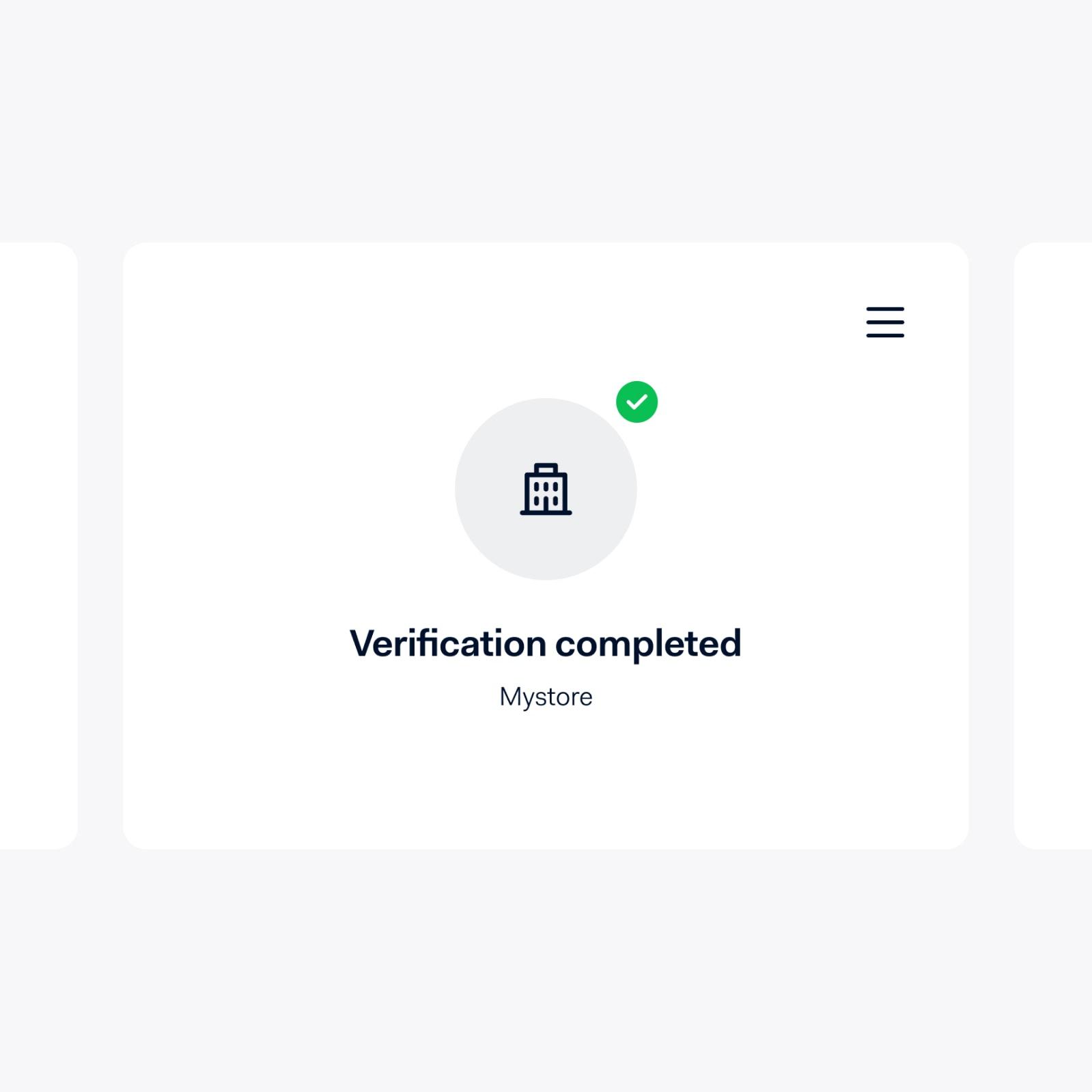 Screenshot showing a successful verification completion message for Mystore.