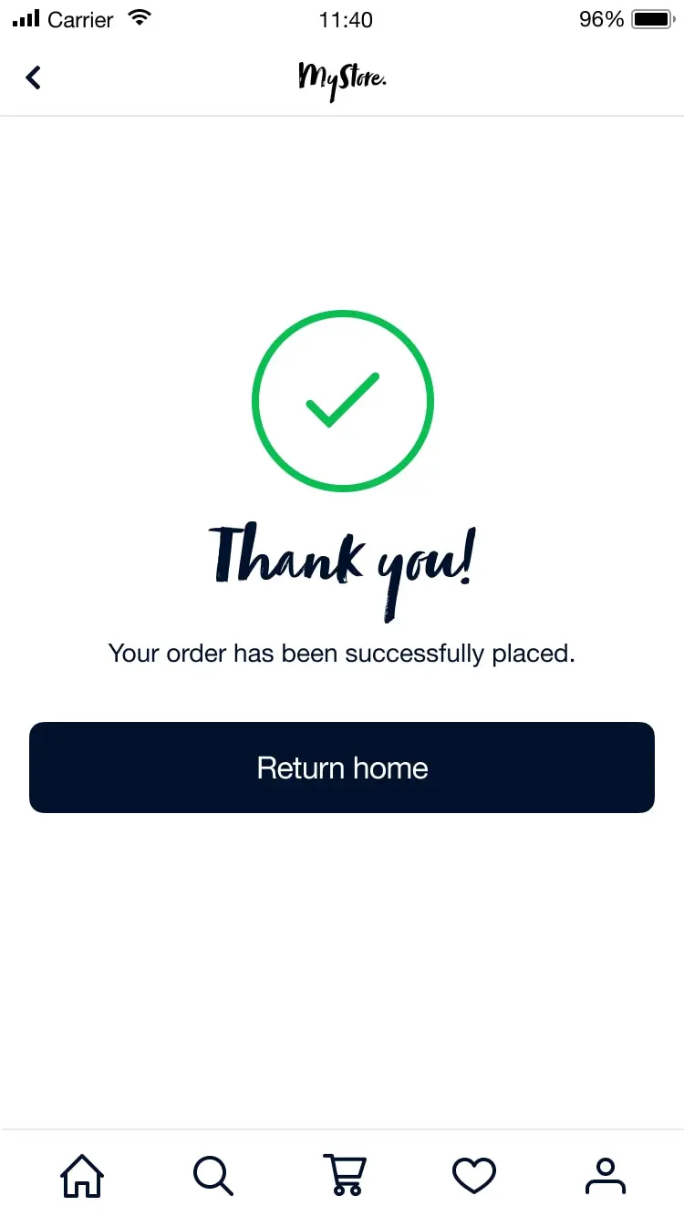 Confirmation screen with a green checkmark indicating successful order placement and a return home button.