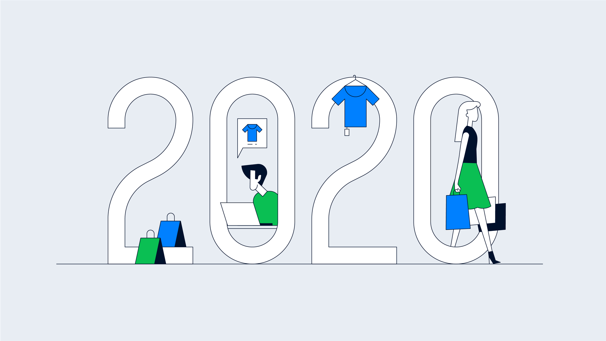 Stylized number 2020 with scenes of shopping and online payment illustrating Adyen services.