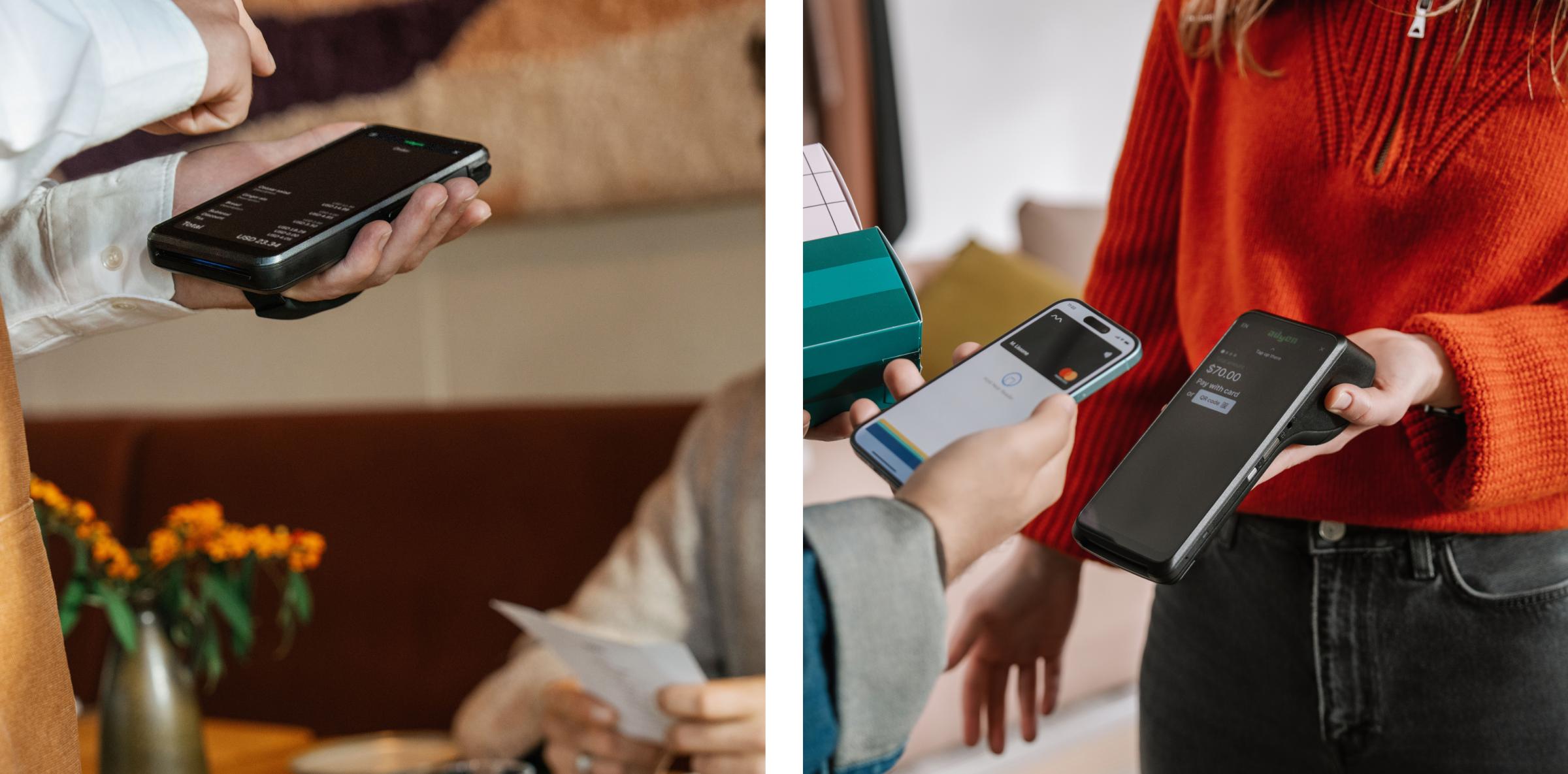 Two people using mobile devices to make or process payments with Adyen technology