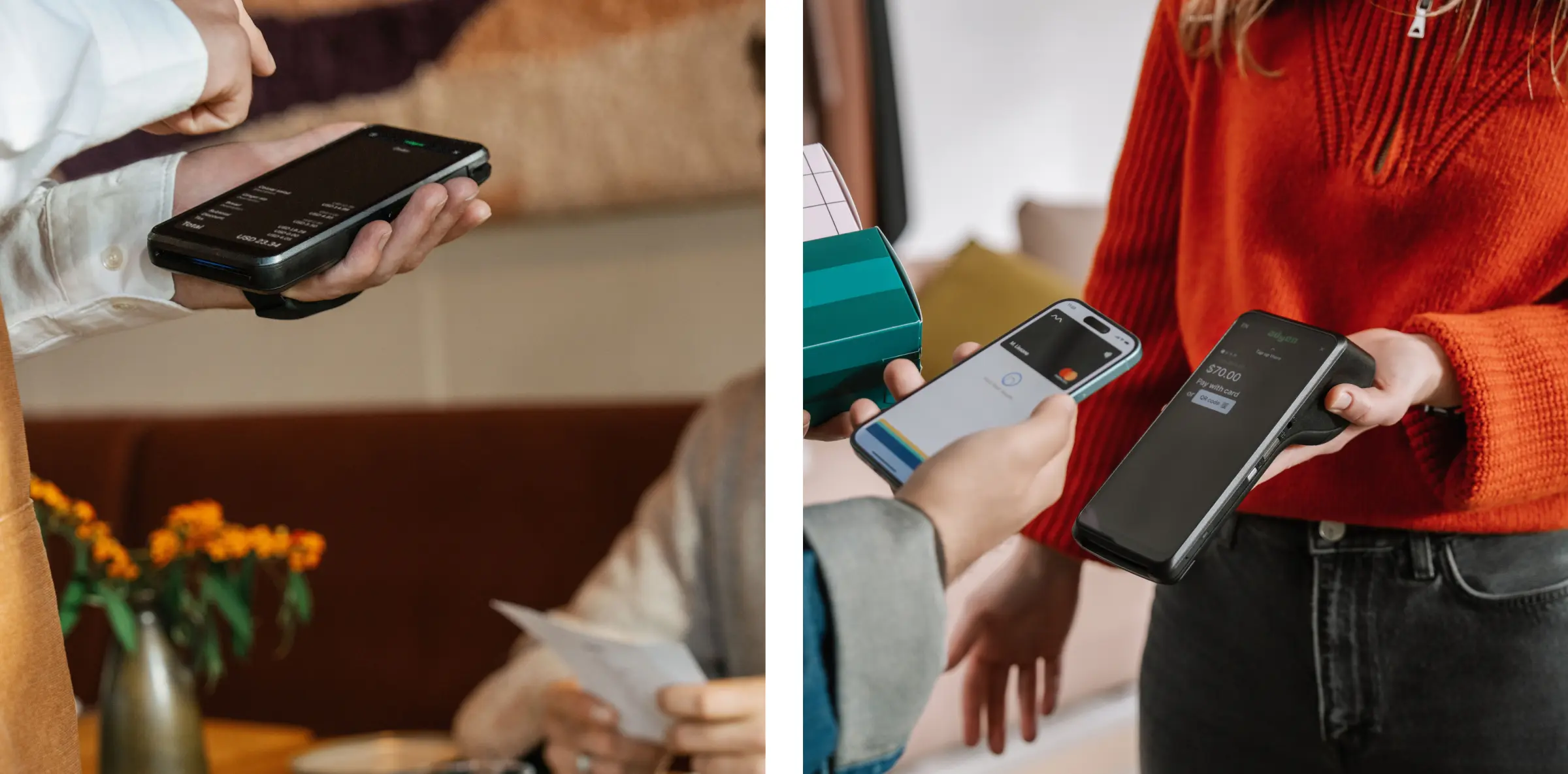 Two people using mobile devices to make or process payments with Adyen technology