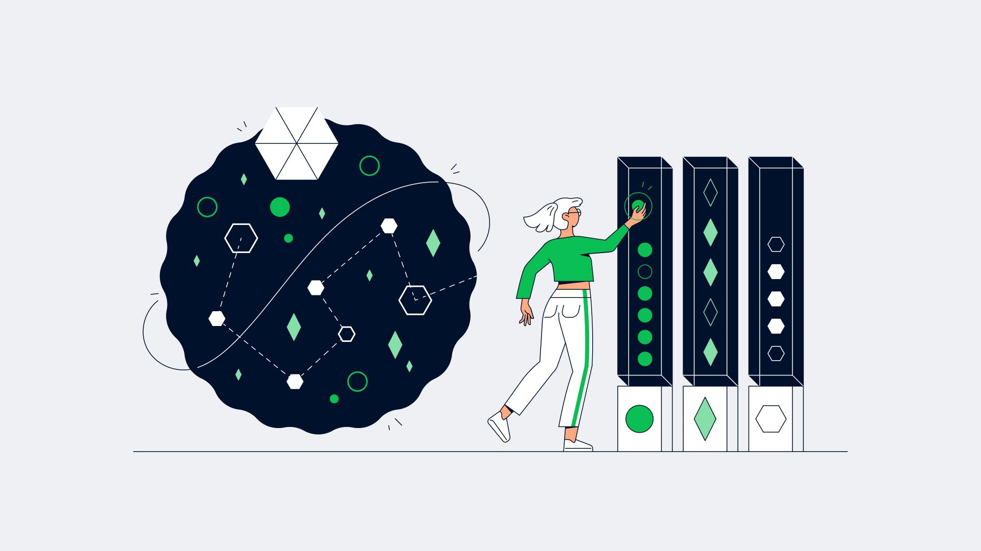 Illustration of a person interacting with a stylized data server infrastructure.