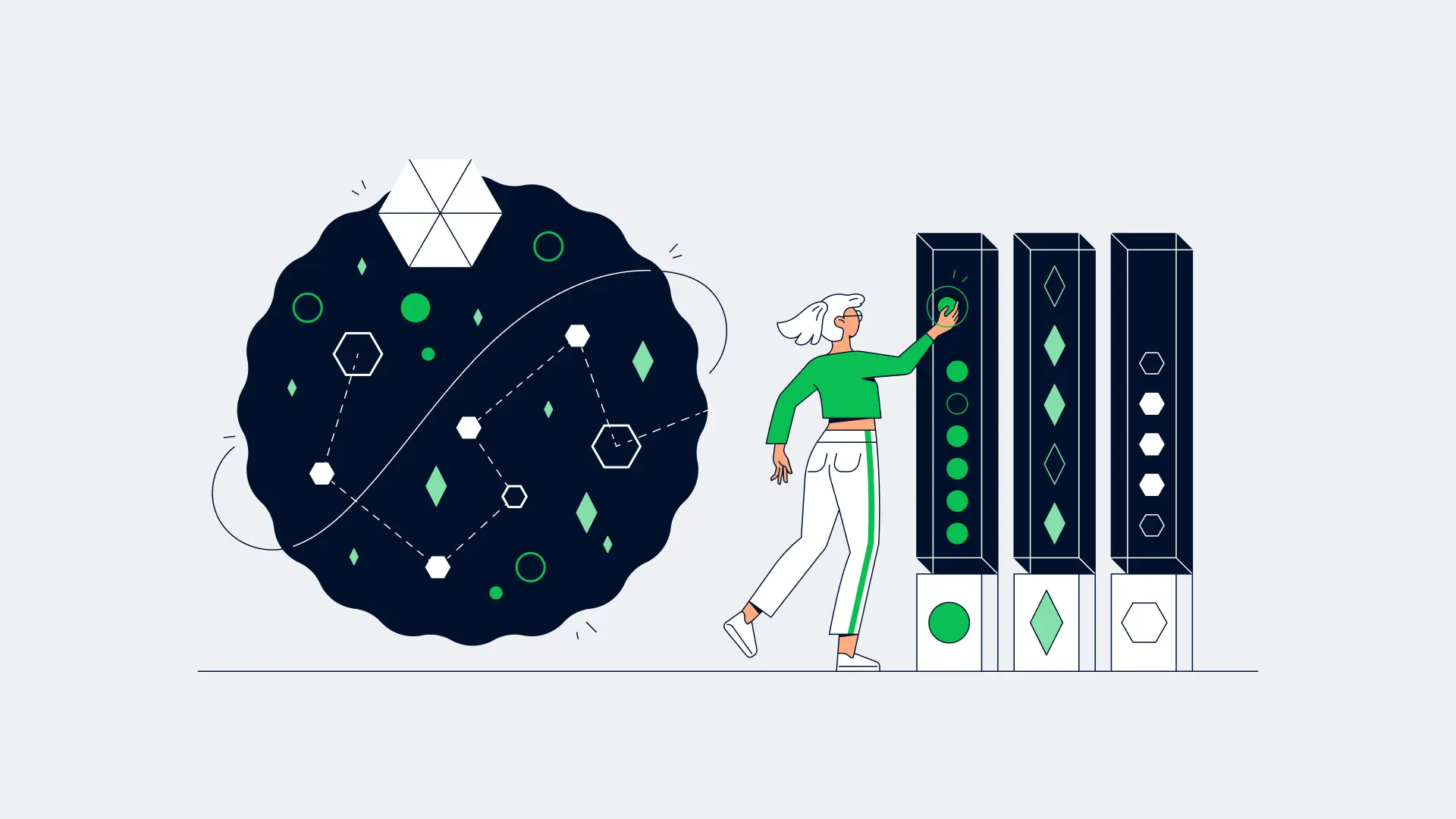 Illustration of a person interacting with a stylized data server infrastructure.