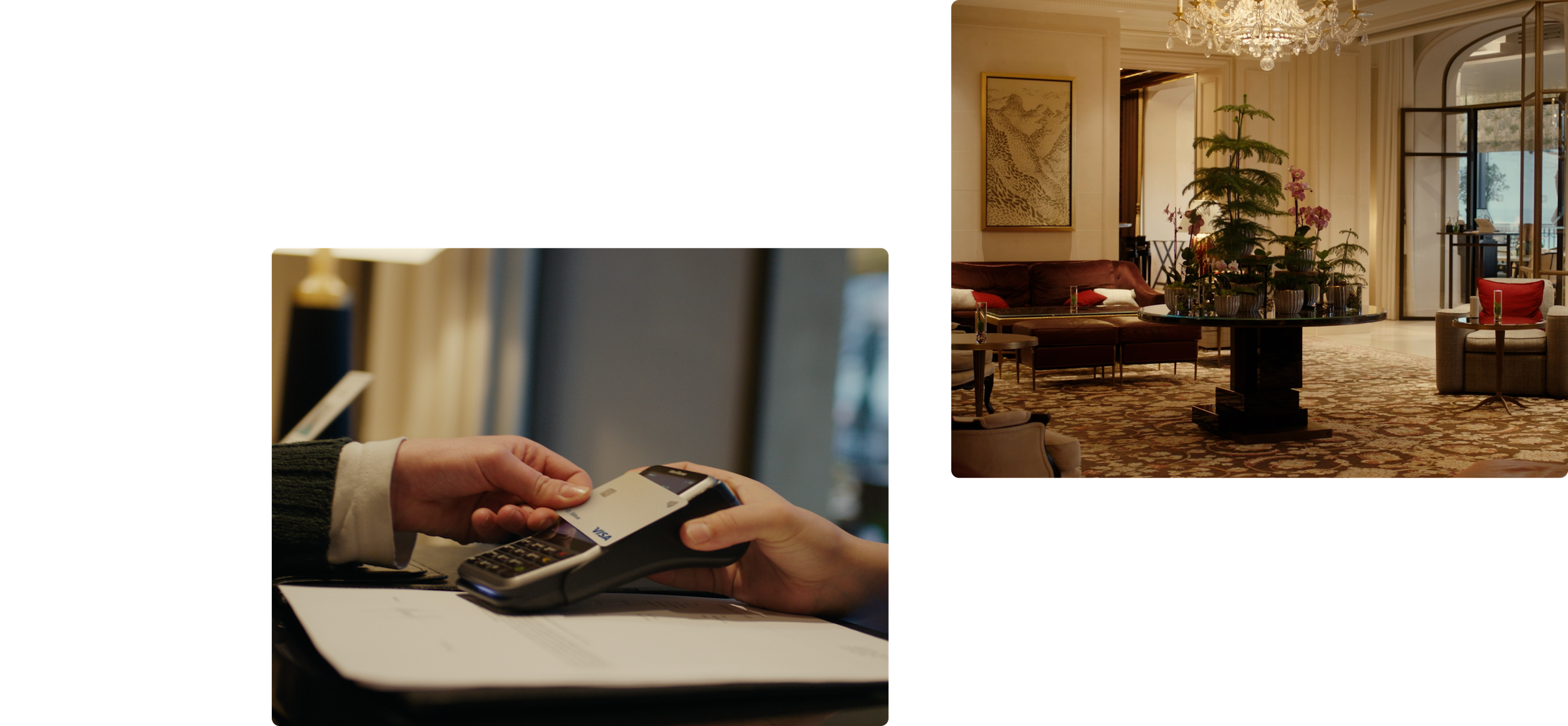 Collage zweier Bilder. Das erste zeigt eine Person, die auf einem Terminal zahlt. Das zweite die Hotellobby des Oetker Collection Hotels in Genf