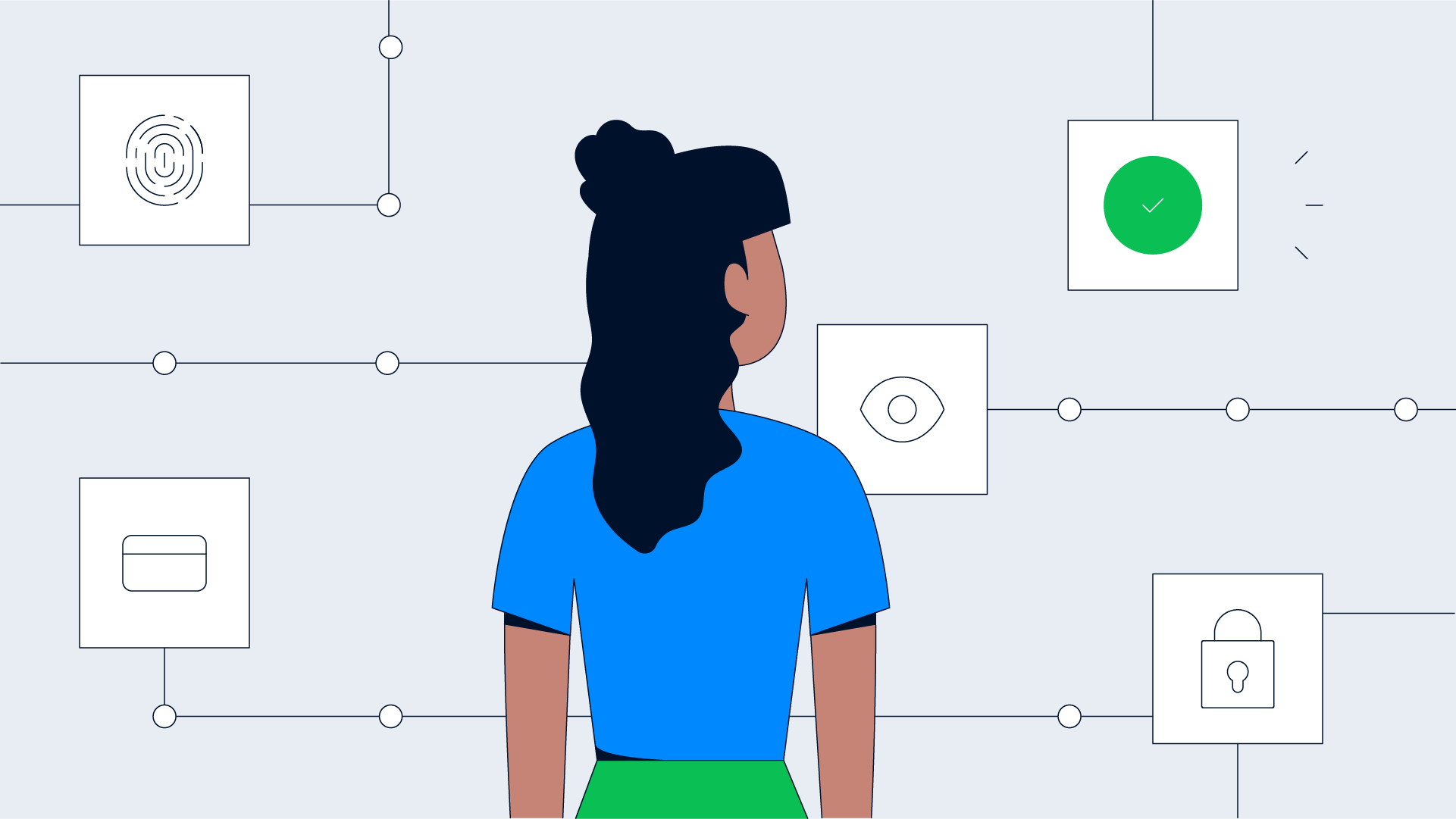 Ilustración de una mujer mirando varios iconos de seguridad conectados por líneas.