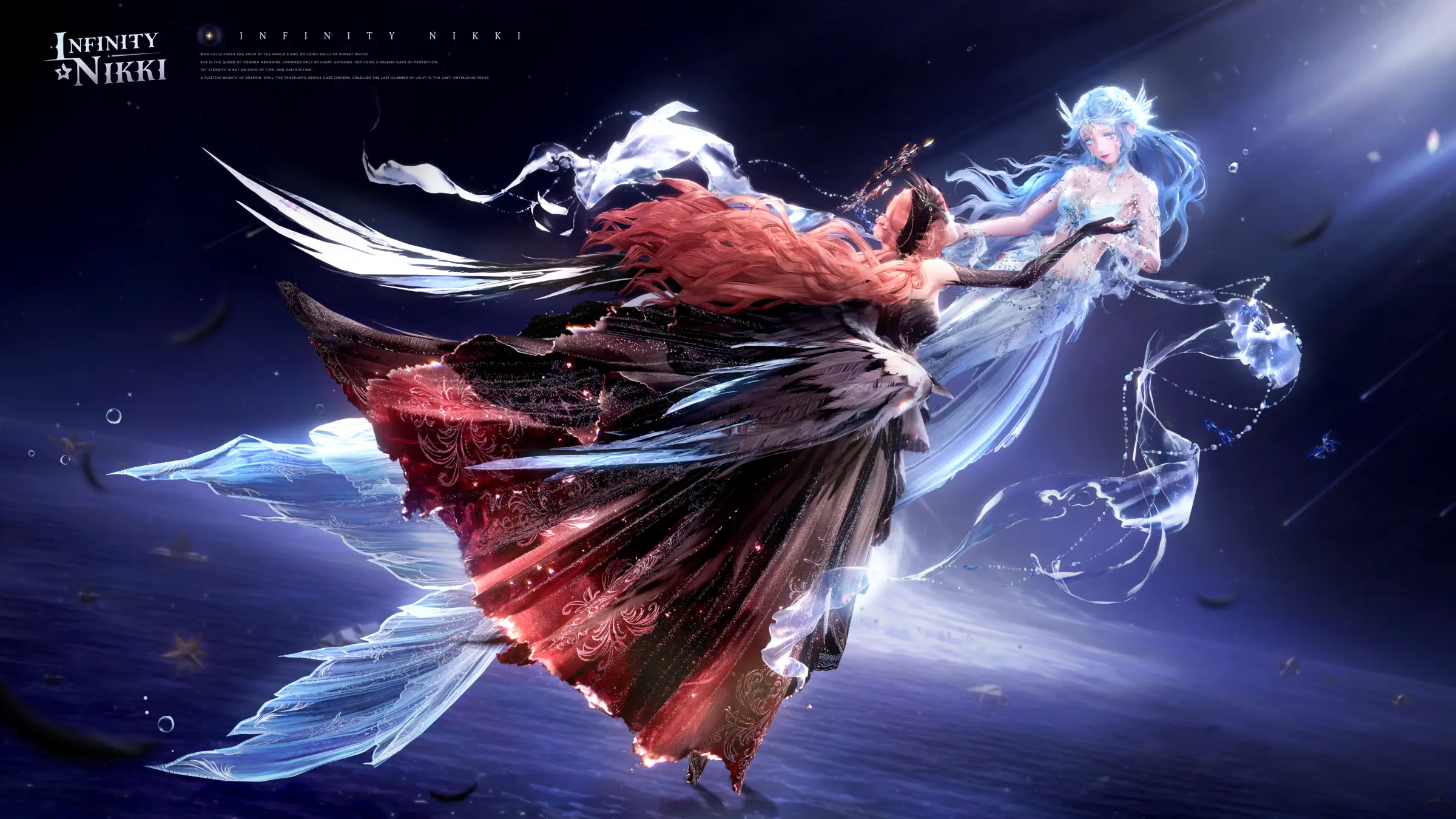 A fantastical scene depicting two ethereal characters in a vibrant, dreamlike setting.