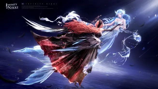 A fantastical scene depicting two ethereal characters in a vibrant, dreamlike setting.