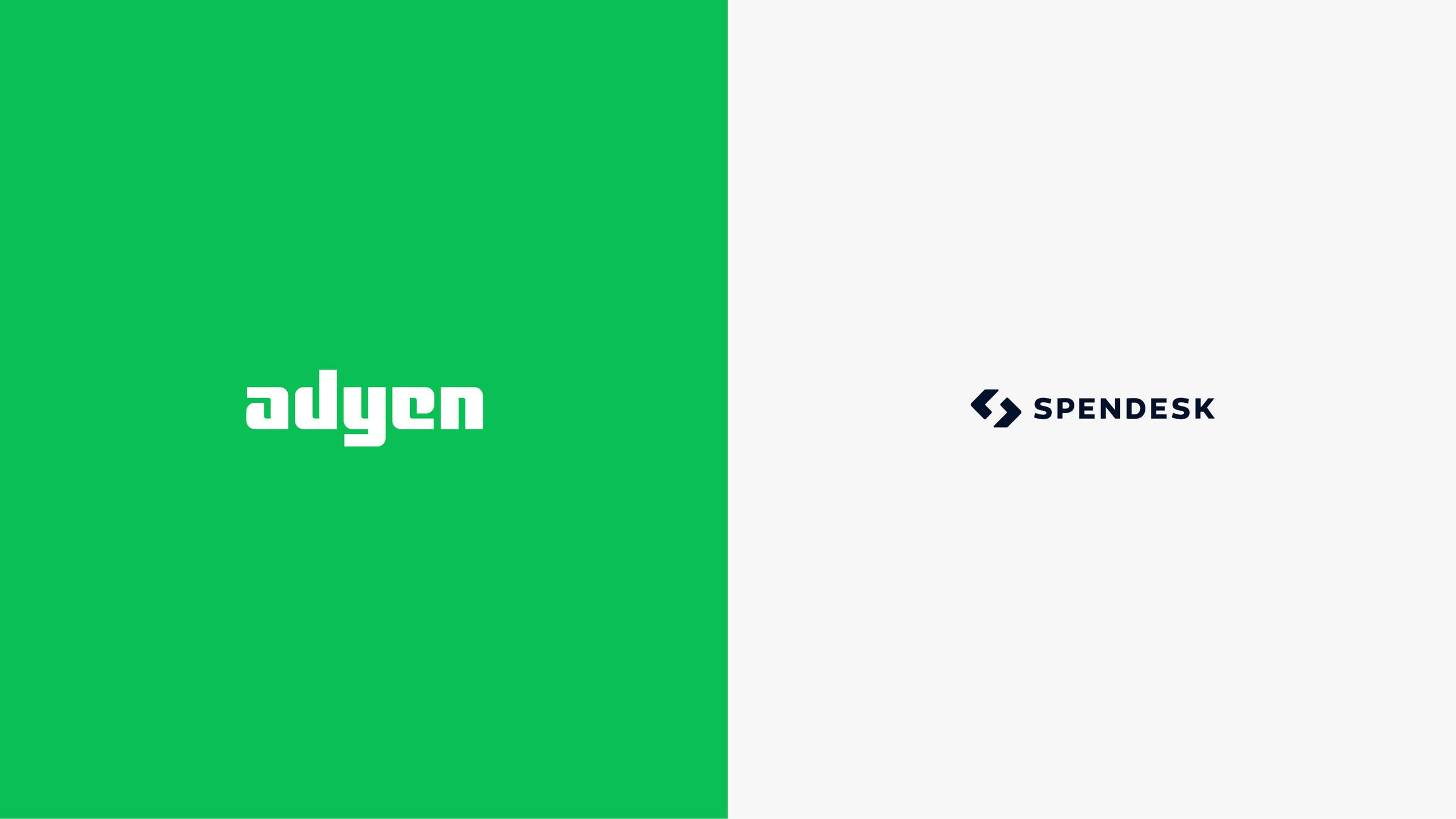Adyen and Spendesk logos side by side on a split background.