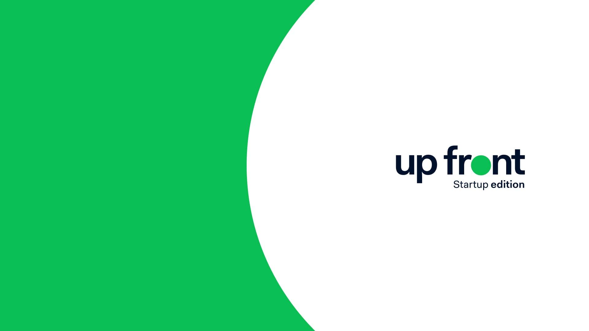 Upfront Startup Ausgabe Text auf grünem und weißem Hintergrund