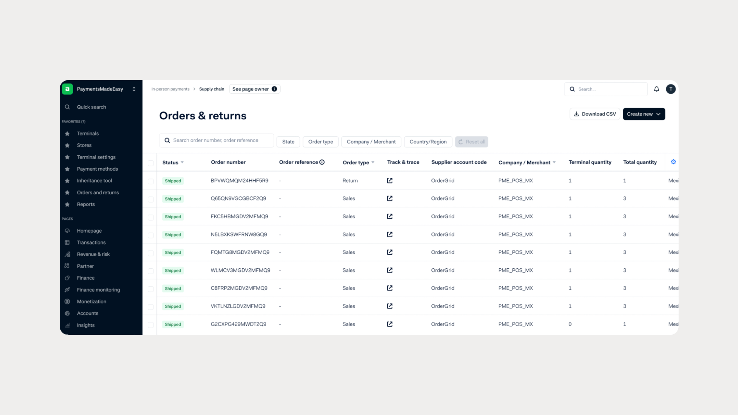 Screenshot of an order management dashboard showing recent transactions and returns.