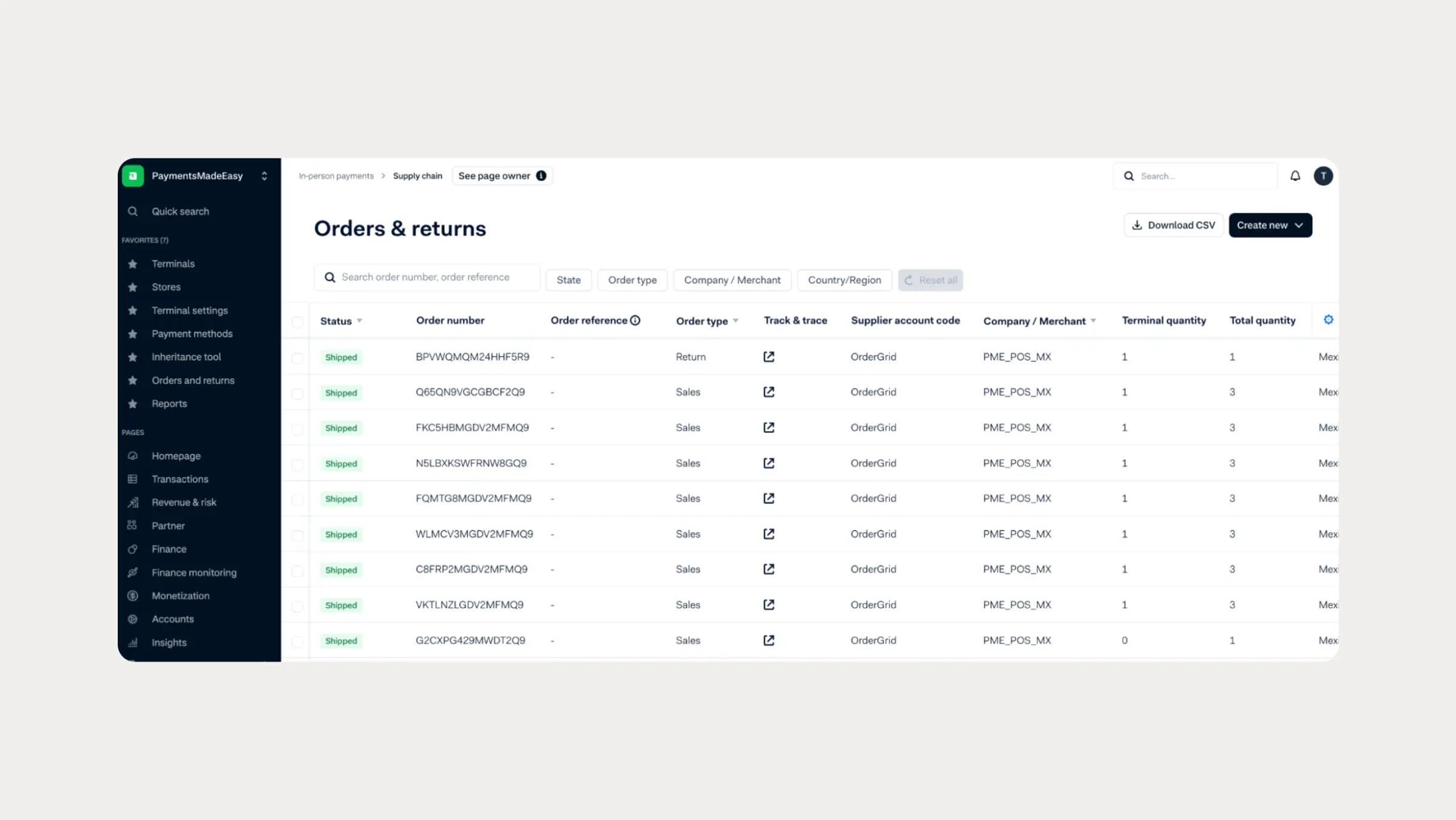 Screenshot of an order management dashboard showing recent transactions and returns.