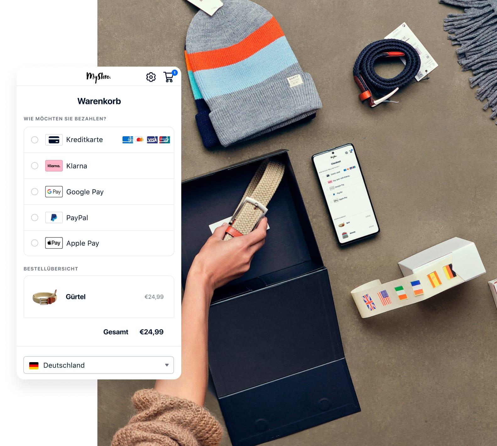 Pantalla de pago de tienda de moda junto a una persona pagando ropa.