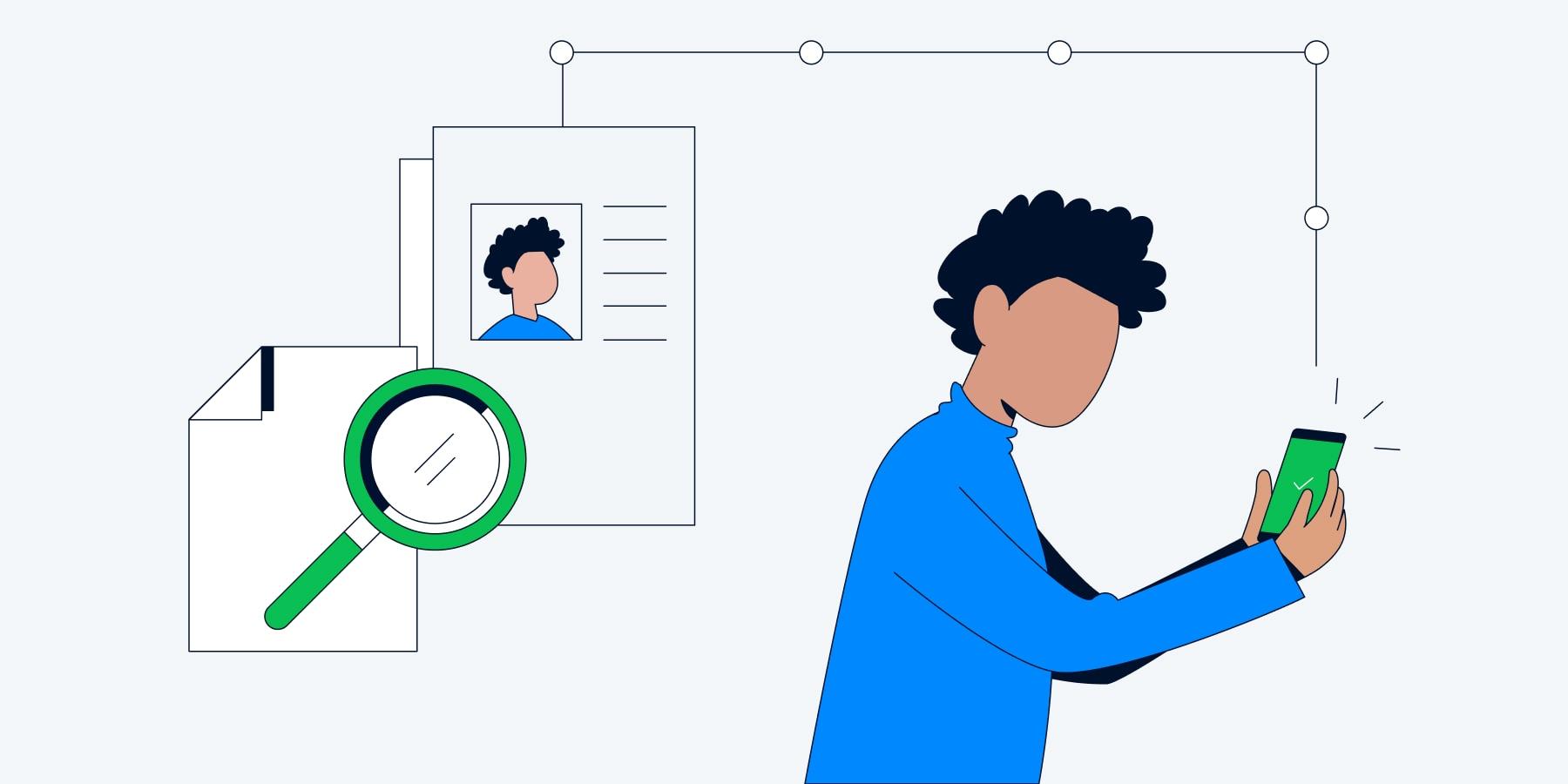 Person viewing an approval message on a mobile device with a magnifying glass and documents in the background.