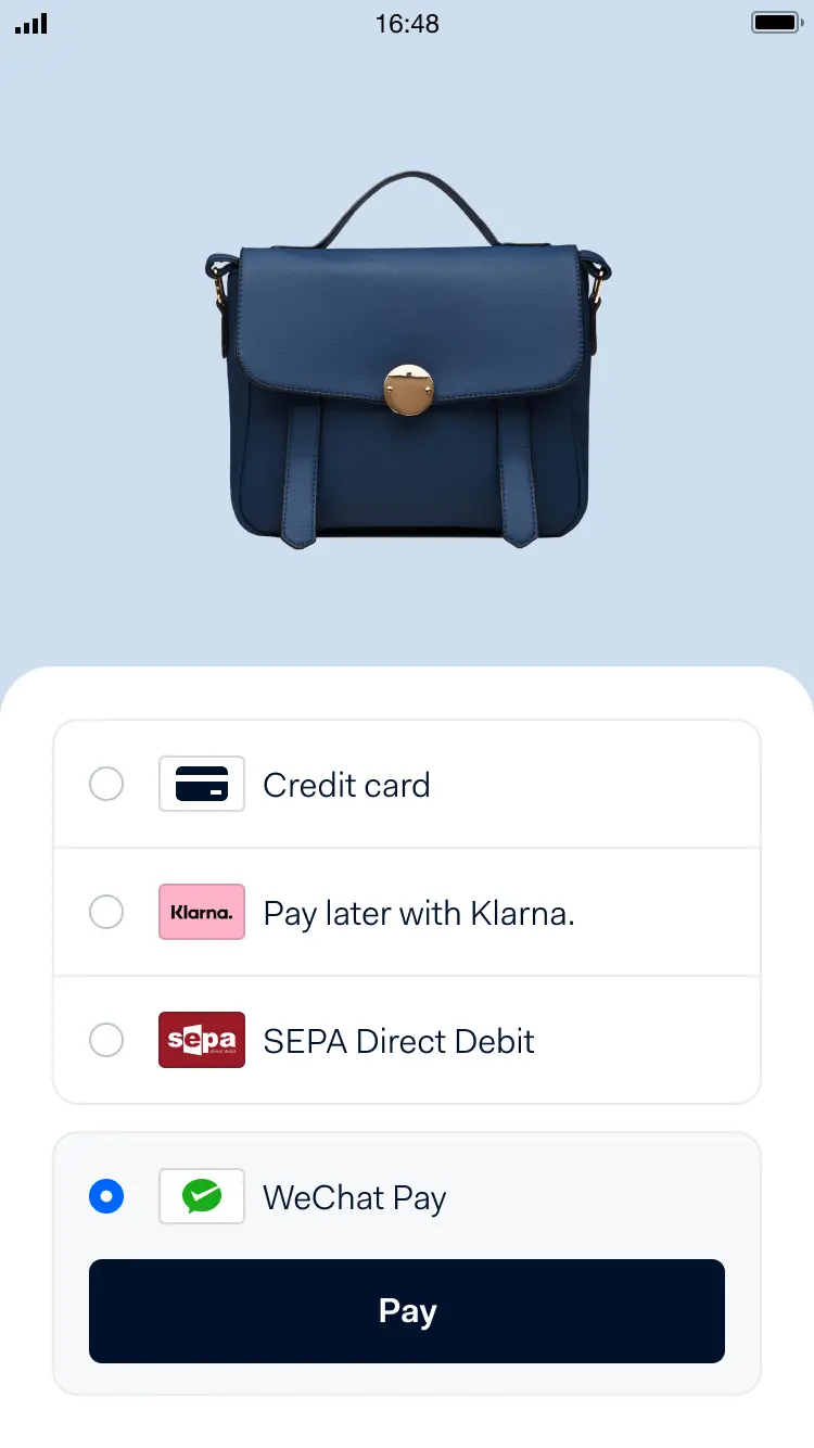 Blue handbag presented on a mobile device screen with payment options including Credit card, Klarna, SEPA, and WeChat Pay.