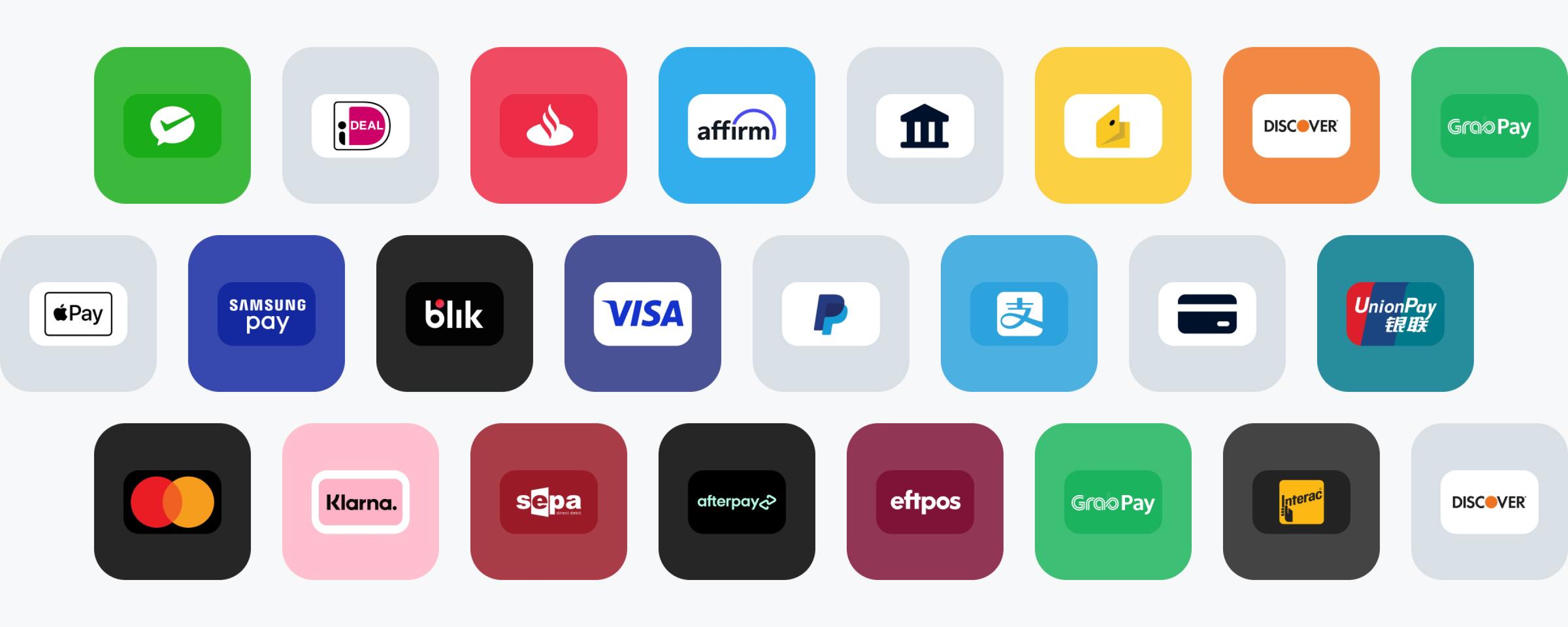 Collection of digital payment service logos including Apple Pay, Samsung Pay, Visa, and others.