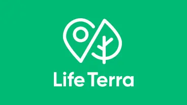 Life Terra logo featuring a leaf and location icon on a green background.