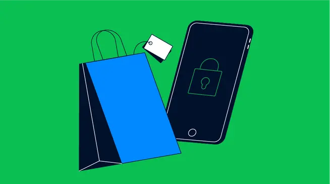 Shopping bag with a price tag next to a smartphone displaying a lock symbol on the screen.