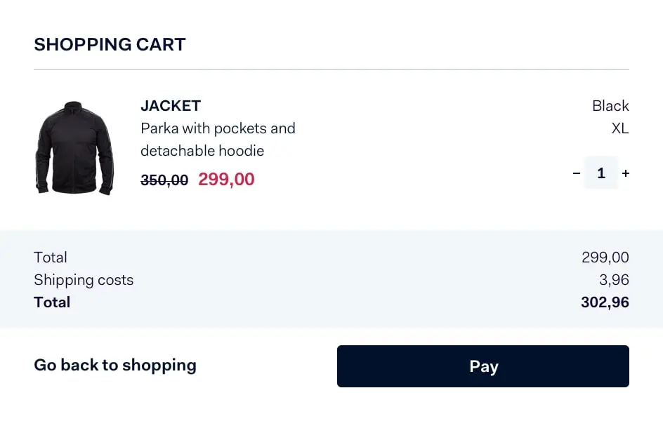 Online winkelwageninterface met een zwarte parka-jas met prijs en een betaalknop.