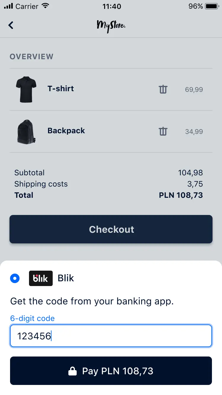 Mobile screen displaying a checkout page with a total amount, and Blik payment option highlighted.