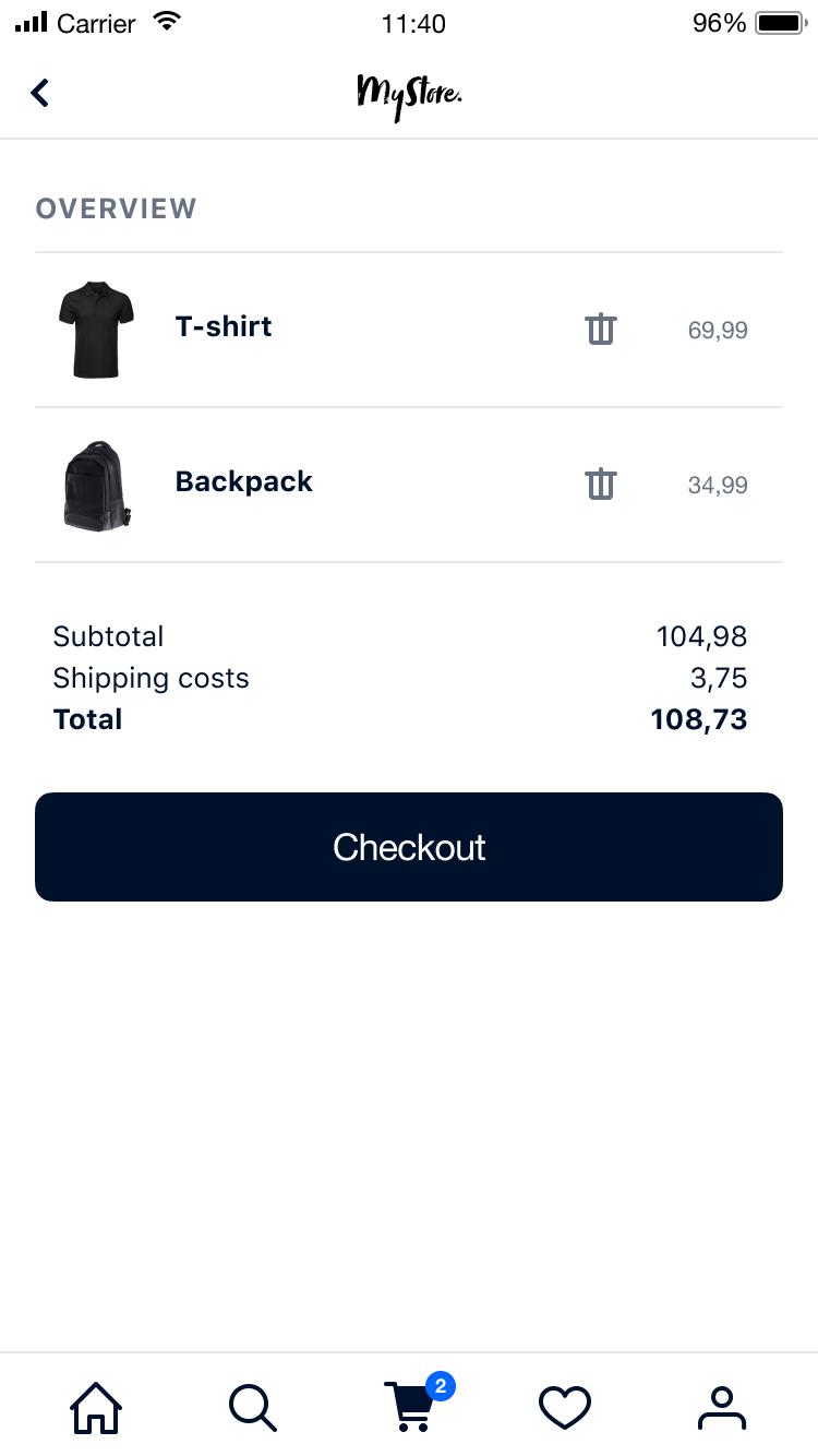 Mobile shopping cart screen with a black t-shirt and backpack listed with prices and a checkout button.