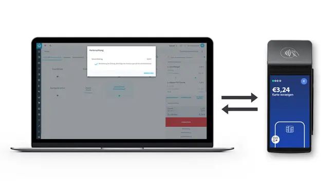 Laptop mit Adyen-Zahlungsverarbeitungs-Benutzeroberfläche mit Transaktionsdetails und einer Karten-terminal, der den Zahlungsbetrag anzeigt