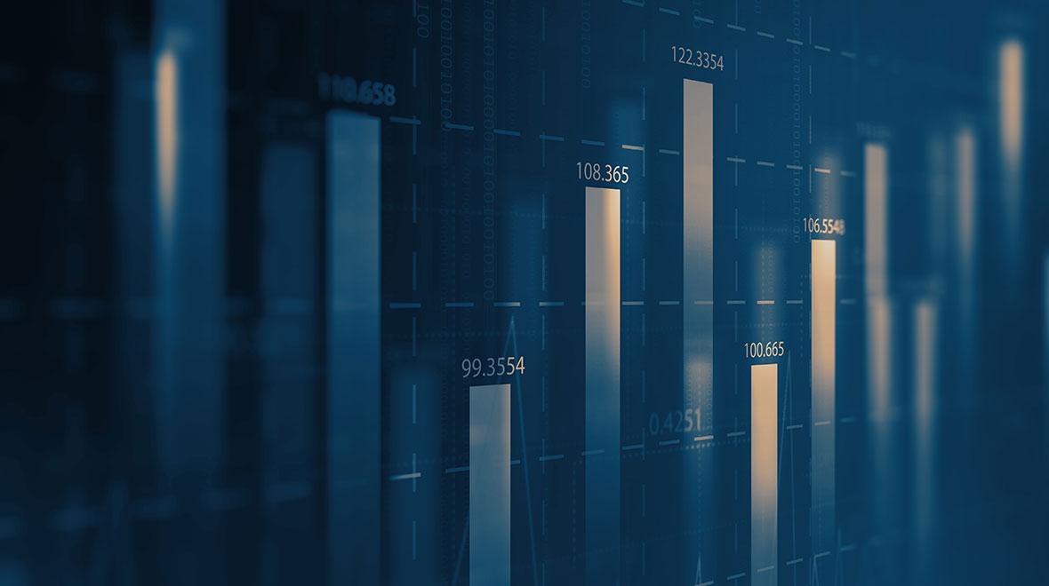 Visualização de dados financeiros abstratos com barras brilhantes e valores numéricos