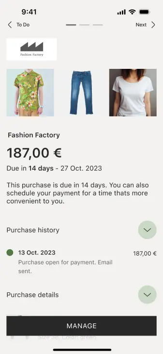 Screenshot of Adyen's payment schedule interface with a pending payment for Fashion Factory.