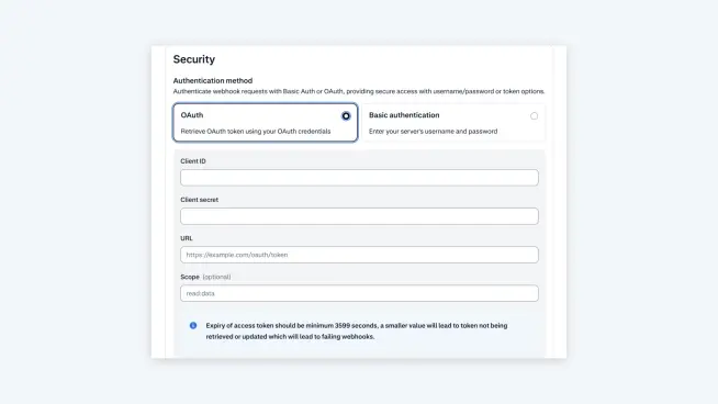 Digital security form for API authentication setup with fields for credentials and URL