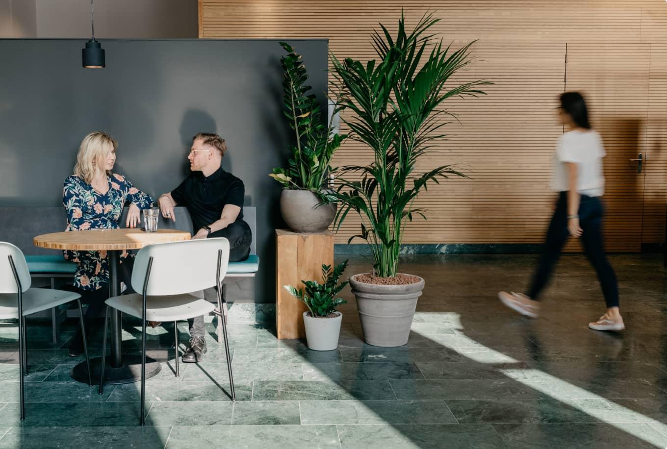 Zwei Personen in lockeren Kleidung im Gespräch an einem Holztisch in einem modernen Raum mit grünen Pflanzen.