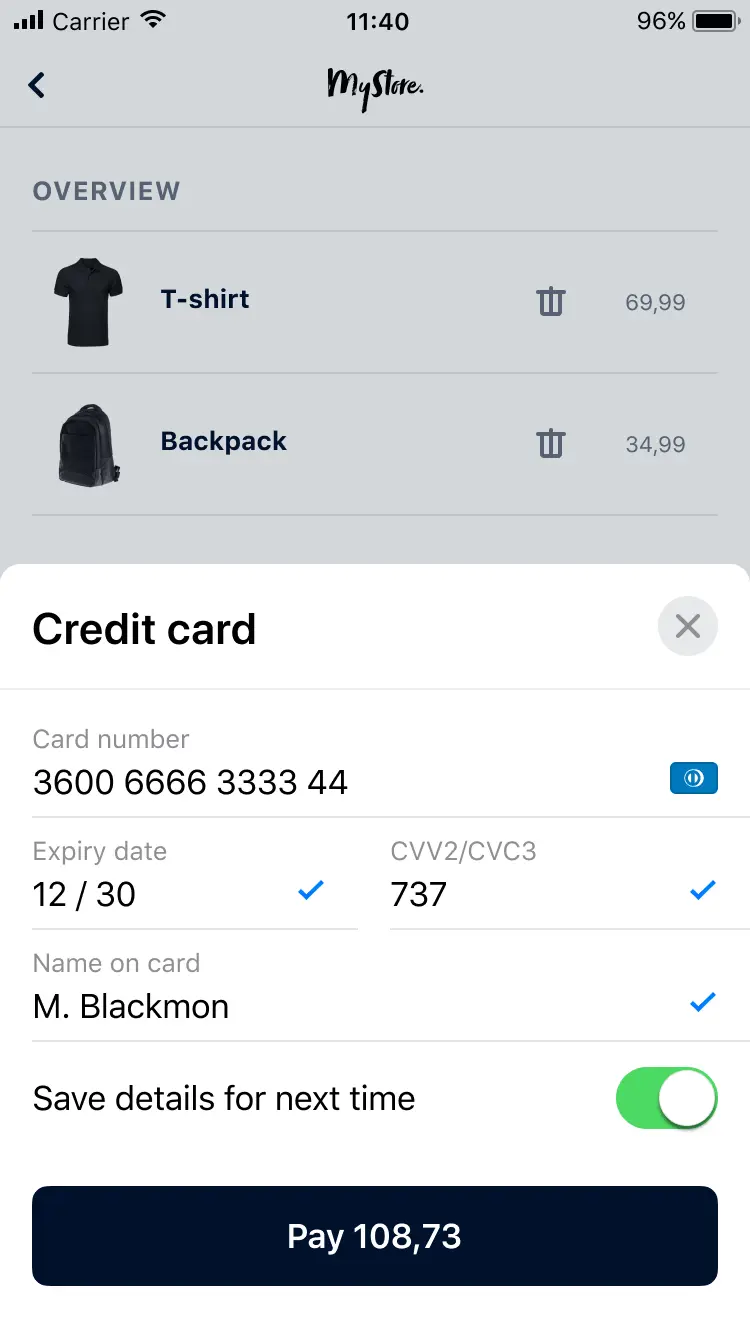 Mobile screen showing a checkout page with credit card payment for T-shirt and Backpack total of 108,73.