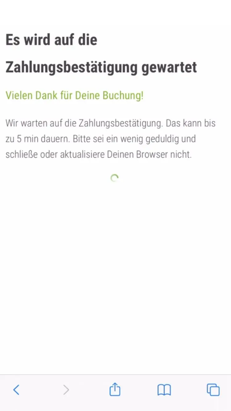 Loading screen with a message thanking for a booking and asking for patience while payment confirmation is pending.