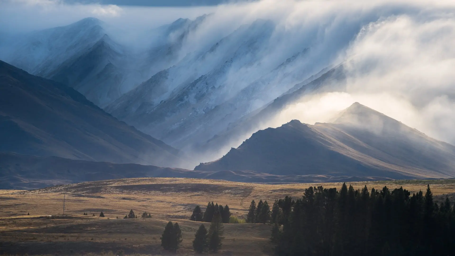 Sunlight piercing through mist-covered mountains with a foreground of trees and grassland in New Zealand.