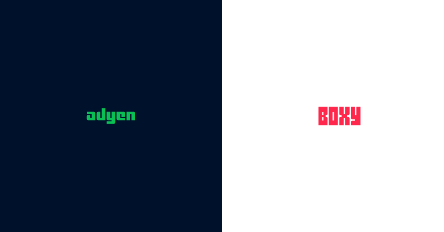 Logos Adyen et Boxy sur un fond divisé