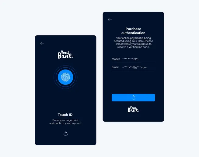 Mobile screens showing fingerprint payment authentication and verification code options for secure online banking.