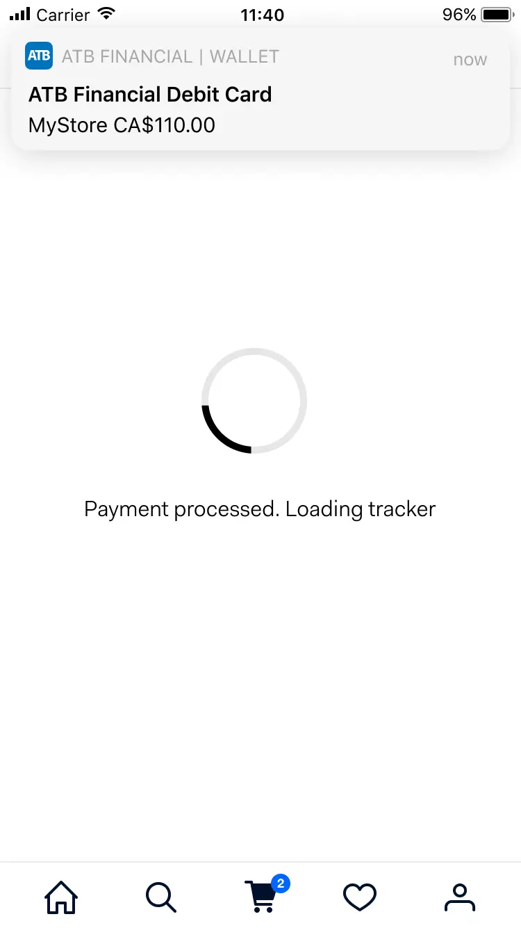 Smartphone screen showing a payment processed notification for ATB Financial Debit Card with a loading tracker.