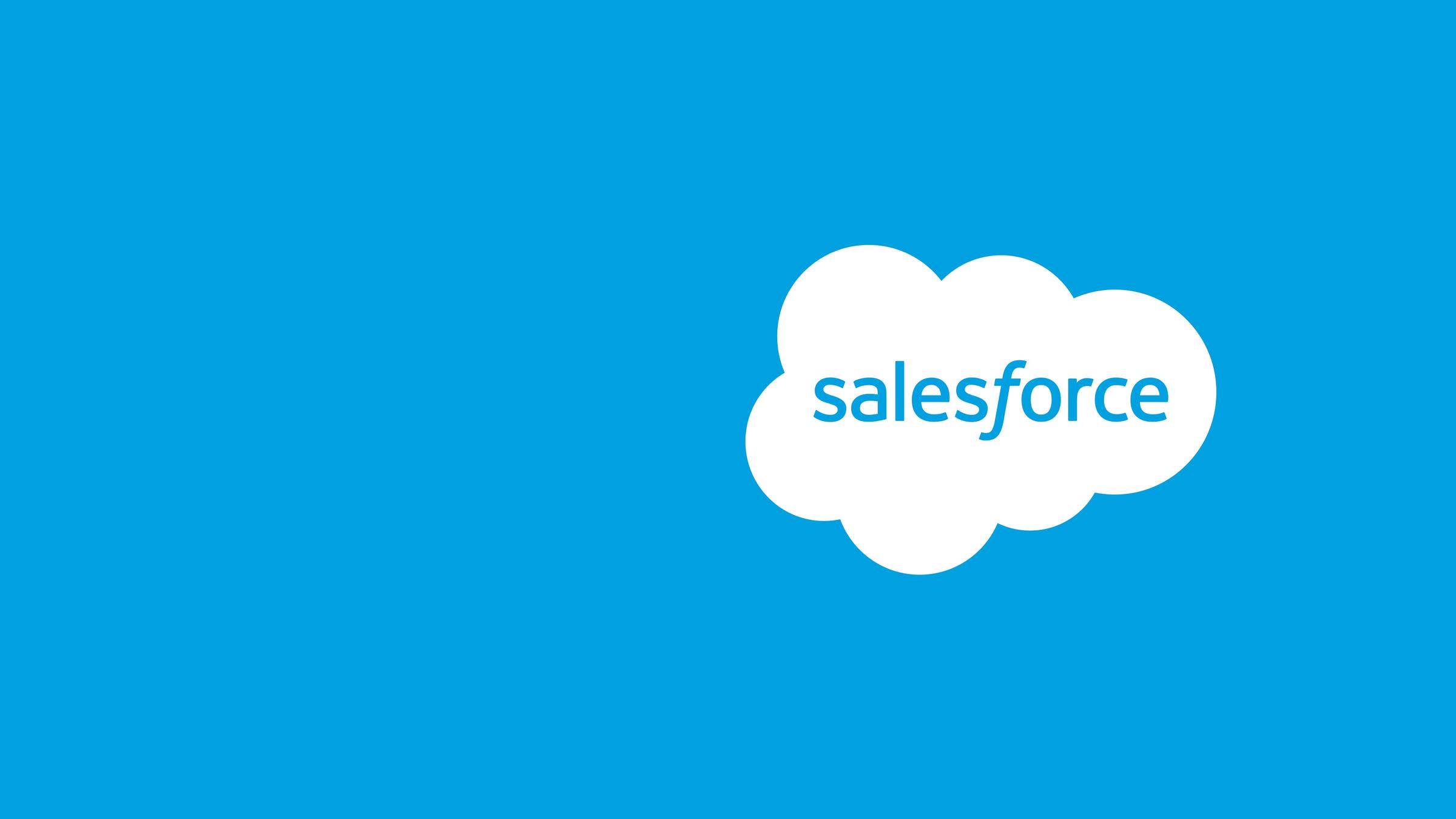 Salesforce logo with white cloud design on a blue background.
