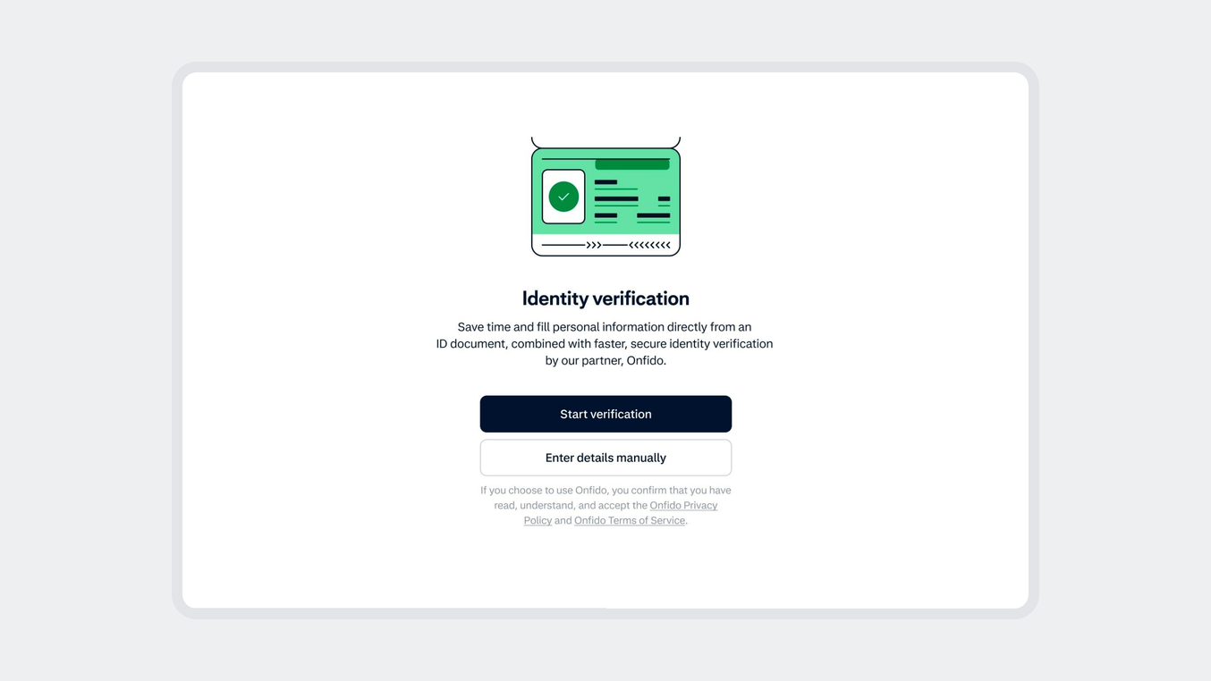 Identity verification screen for secure account login or registration process.