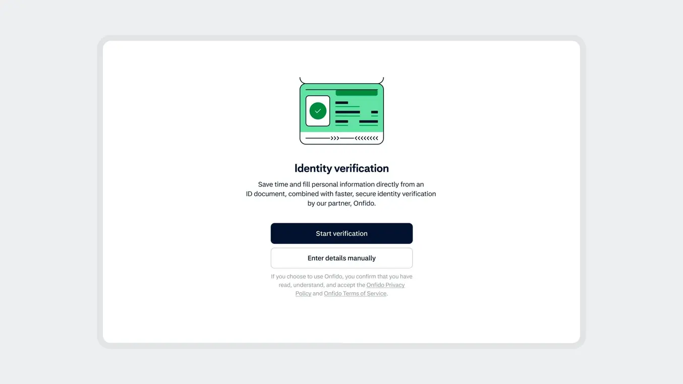 Identity verification screen for secure account login or registration process.