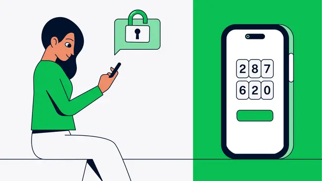 Illustration einer Frau, die ein Smartphone mit einem Schlosssymbol in einem Sprechblase und einer großen Darstellung eines Sicherheitscodes verwendet.