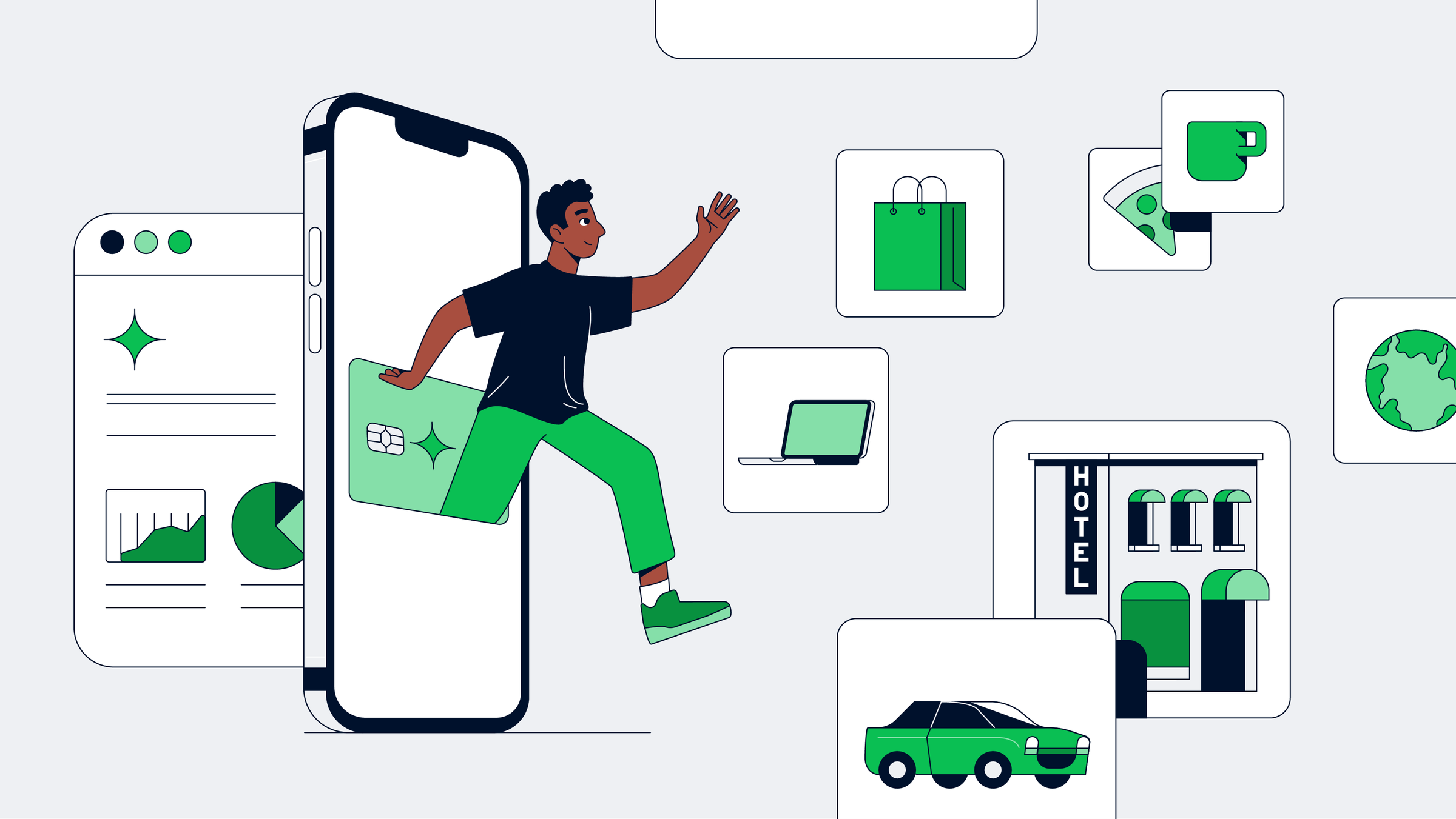 Cartoon depiction of a person stepping out of a smartphone surrounded by icons representing various services.