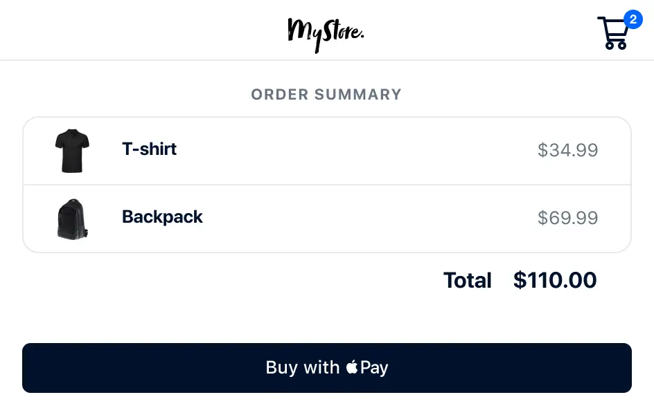 Online shopping cart with a T-shirt and backpack listed, showing prices and a total of $110.00, with an Apple Pay checkout option.