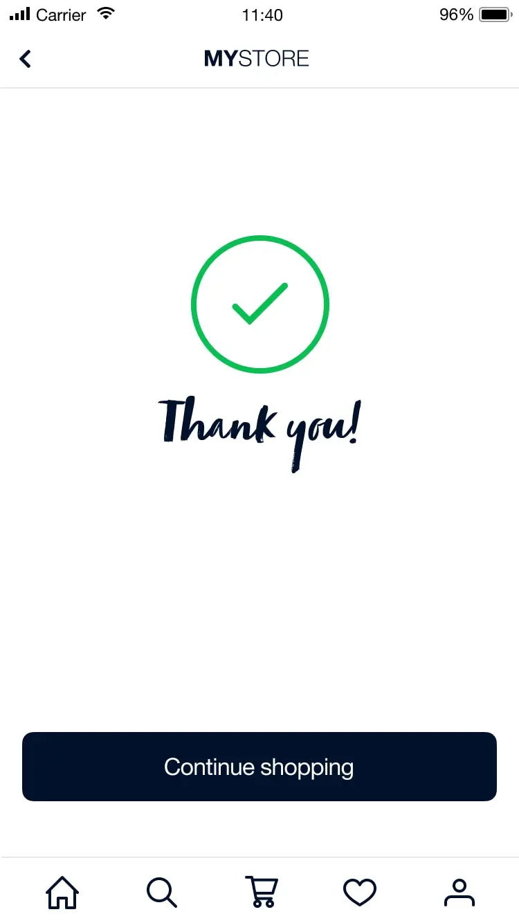 Mobilbildschirm mit erfolgreicher Transaktion und grünem Häkchen und Meldung 'Danke!'
