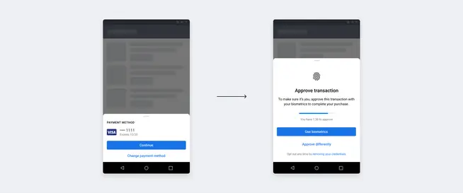 Ecrãs móveis que mostram a transição da seleção do método de pagamento para a aprovação de uma transação por biometria