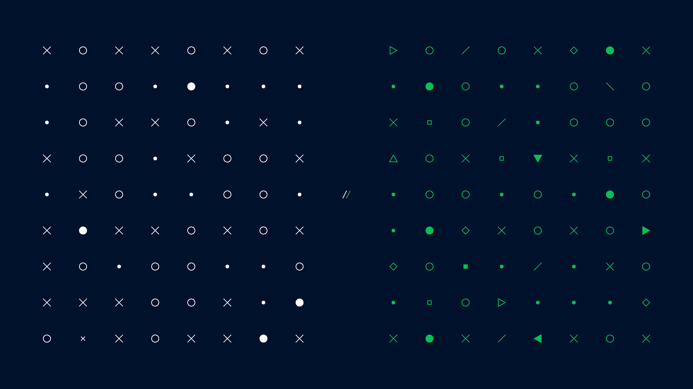 Motivo astratto con varie forme geometriche come cerchi, croci e triangoli in blu e verde.