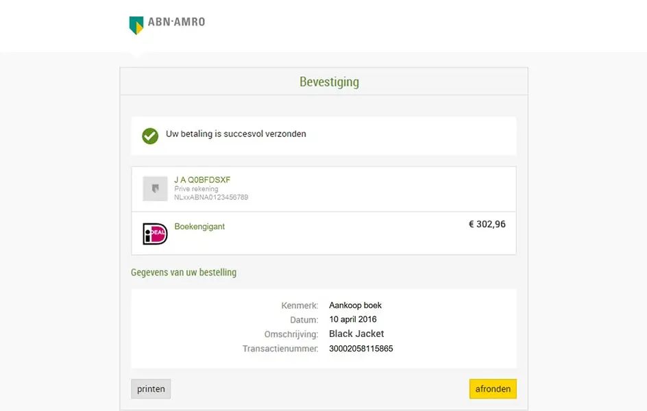 Confirmation screen showing successful payment with transaction details and iDEAL logo.