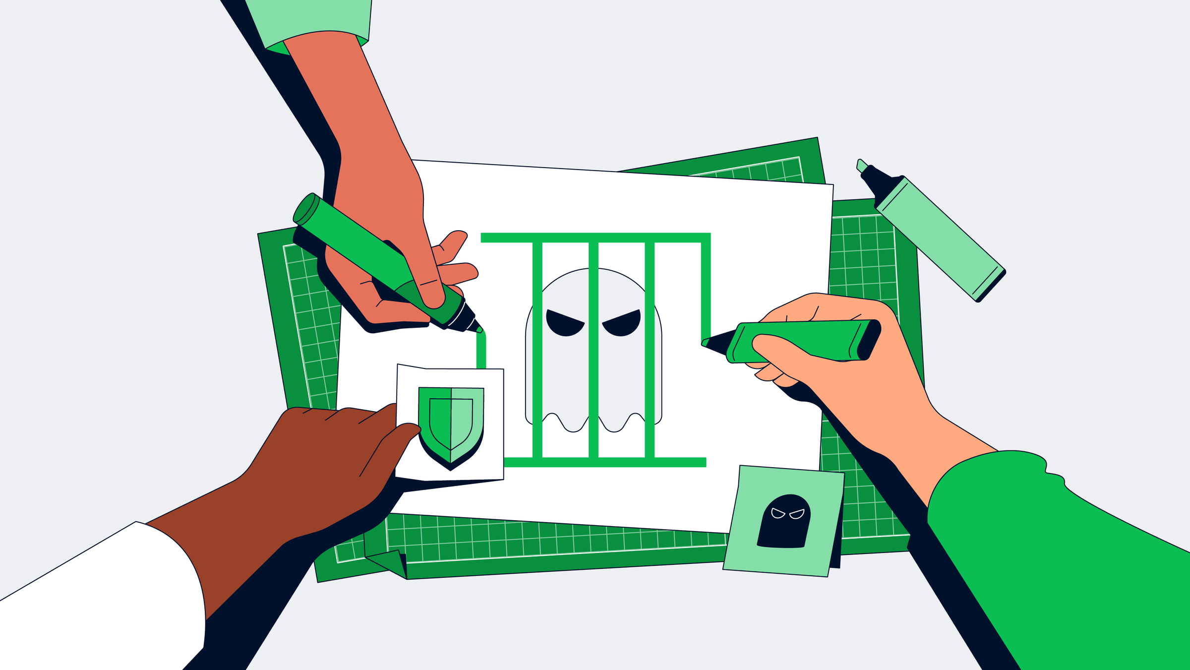 Multiple hands collaborating on a drawing of a secure, shield-like design with ghostly figures.