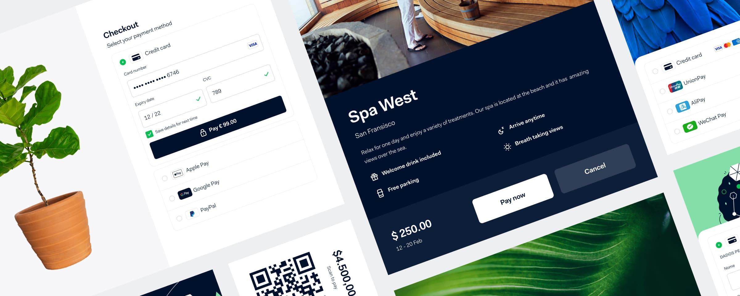 Montaż ekranów interfejsu użytkownika produktu Adyen przedstawiających różne interfejsy i opcje płatności