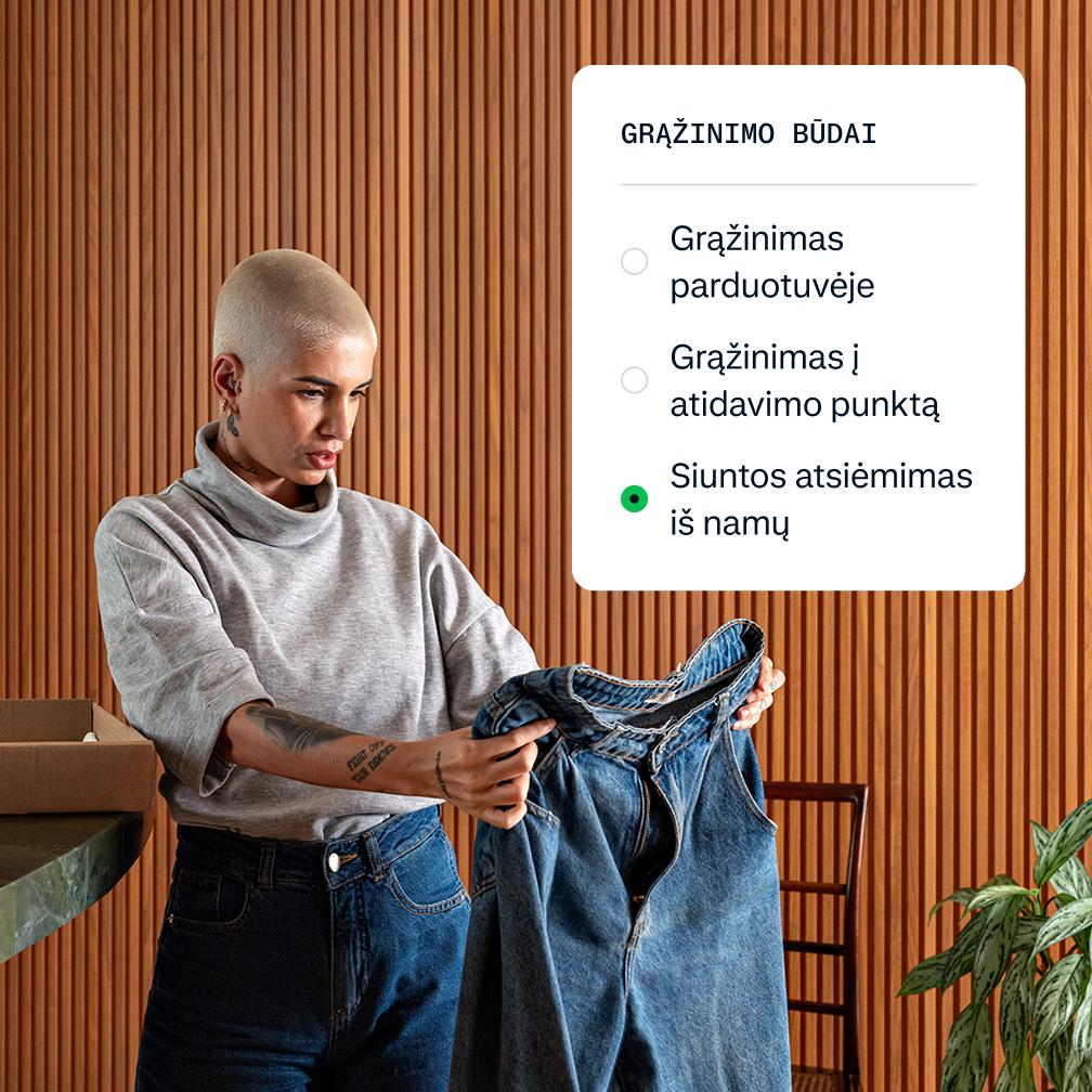 A woman looking at jeans with an overlay of a popup screen with return method options.