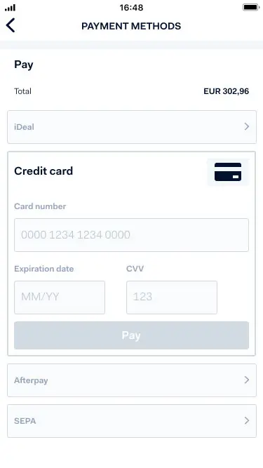 Ecrã móvel a mostrar métodos de pagamento Adyen, incluindo cartão de crédito e iDeal